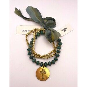 Lydell Green & Gold Beaded Wrap Bracelet Faith Cross Dangle Charm Stackable